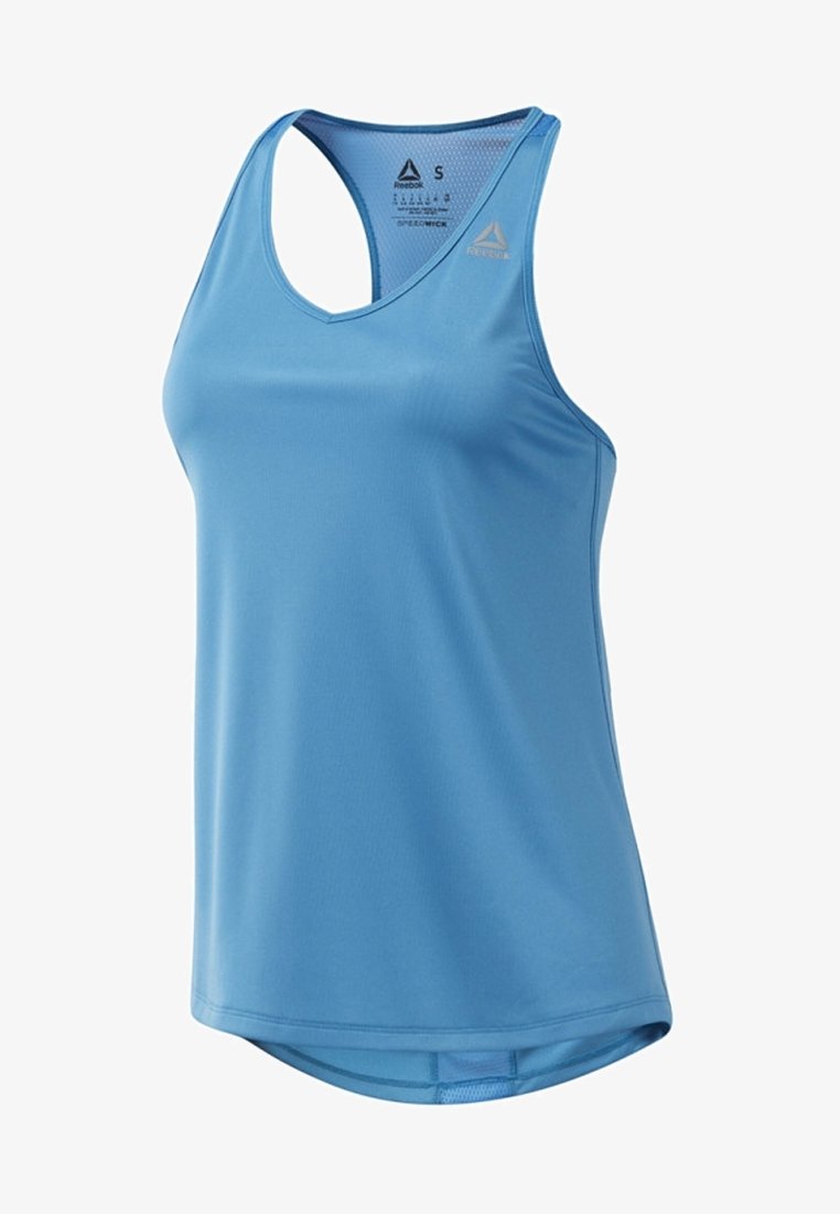 Débardeur de sport sans manches Reebok bleu clair avec dos nageur et empiècement en mesh à l’intérieur du col, taille petite.