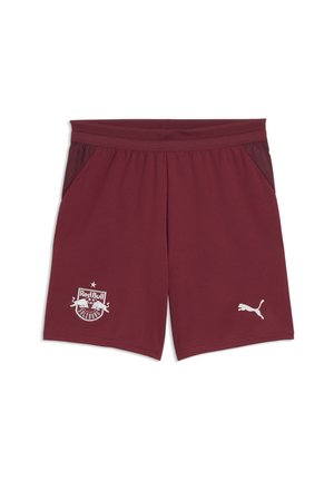 Bordeaux røde atletikshorts med Red Bull Salzburg-logo på venstre ben og hvid Puma-logo på højre ben, med mesh-sidestykker og elastisk taljebånd.