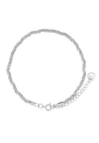 Bracciale in argento a catena intrecciata con chiusura a moschettone e catena di estensione. Finitura lucida, leggero e con una texture liscia.