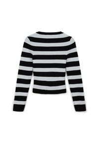 Schwarz-weißer gestreifter, kurz geschnittener Pullover mit langen Ärmeln, geripptem Textur, Rundhalsausschnitt und einfarbigen schwarzen Akzenten an den Bündchen und am Saum.