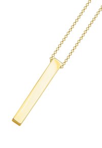 Collana color oro con ciondolo rettangolare su una catena intrecciata, caratterizzata da una finitura liscia e superficie lucida.