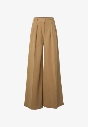 Augsta vidukļa, platu kāju haki bikses ar jostas cilpām, priekšējām krokojumiem un aizklātu rāvējslēdzēja aizdari.