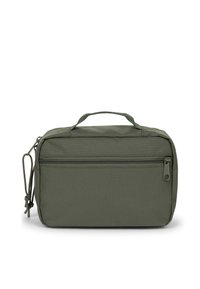 Bolsa compacta de tela verde oliva con un bolsillo frontal con cremallera, asa en la parte superior y cremallera lateral con cordones.