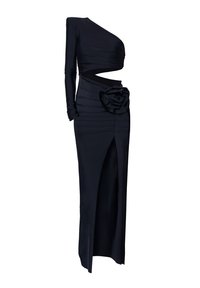 Klasikinė viena petneša tamsiai mėlyna suknelė su prigludusia siluetu, raukšlėta tekstūra ir dekoratyvine rože juosmens srityje; turi aukštą šoninės iškirpės.