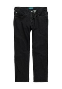 Schwarze Denim-Jeans mit geradem Bein, ausgestattet mit einem Knopf- und Reißverschluss, einem Fünf-Taschen-Design und einer subtilen Textur mit minimaler Waschung.