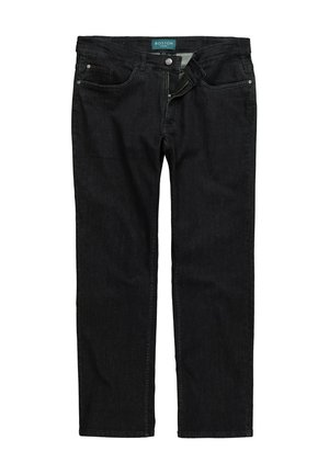 Vaqueros de mezclilla negra con un corte recto, que cuentan con un cierre de botón y cremallera, diseño de cinco bolsillos y una textura sutil con un ligero efecto desgastado.