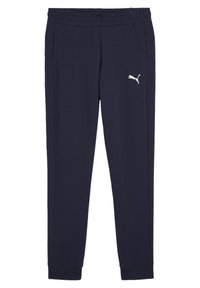 Dunkelblaue Sporthosen aus weichem Material mit einem elastischen Bund, seitlichen Taschen und einem weißen Puma-Logo auf dem linken Oberschenkel.