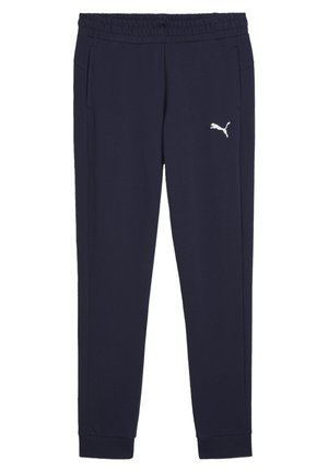 Dunkelblaue Sporthosen aus weichem Material mit einem elastischen Bund, seitlichen Taschen und einem weißen Puma-Logo auf dem linken Oberschenkel.