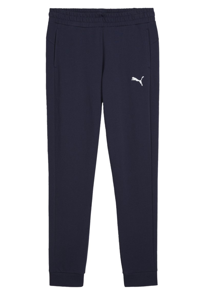 Dunkelblaue Sporthosen aus weichem Material mit einem elastischen Bund, seitlichen Taschen und einem weißen Puma-Logo auf dem linken Oberschenkel.