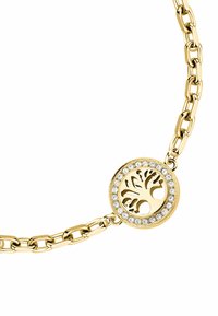 Bracciale placcato in oro con motivo a forma di albero all'interno di un pendente circolare, circondato da gemme trasparenti, con design a catena.