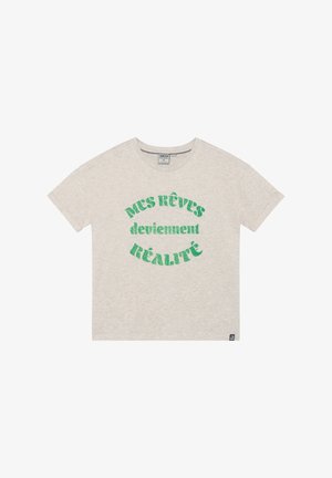 T-shirt gris à manches courtes en coton. Présente un texte pailleté vert indiquant « MES RÊVES deviennent RÉALITÉ » en disposition courbée.