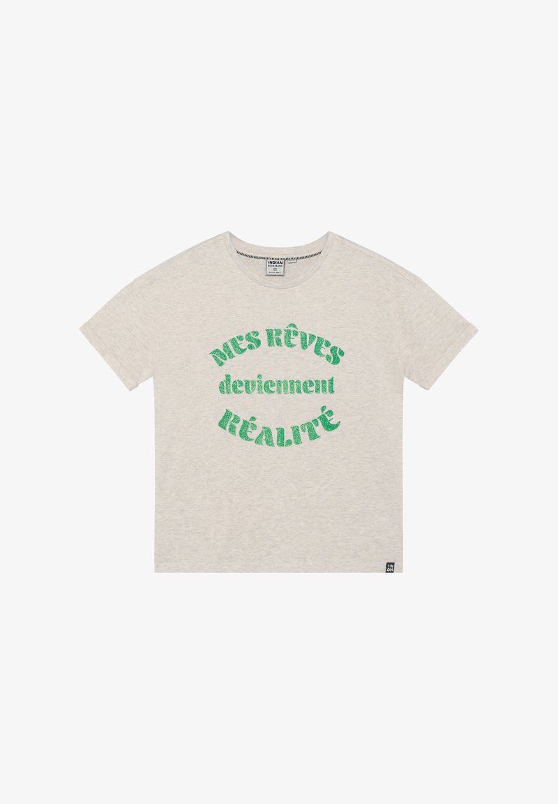T-shirt gris à manches courtes en coton. Présente un texte pailleté vert indiquant « MES RÊVES deviennent RÉALITÉ » en disposition courbée.