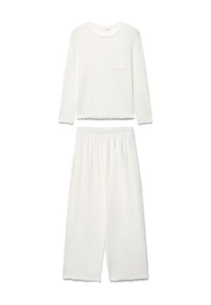 Set bianco da due pezzi per il tempo libero con maglia a maniche lunghe con taschino sul petto e pantaloni a gamba larga con vita elasticizzata.