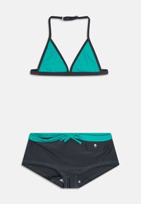 Set bikinija koji se sastoji od tirkiznog trokuta s crnim obrubom i crnih gaćica s tirkiznom elastikom i vezanjem.