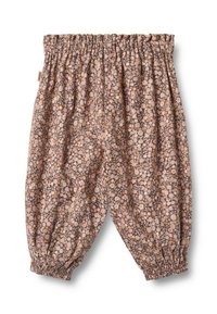 Spodnie w kwiatowy wzór z miękkiej tkaniny. Marszczona talia i mankiety tworzą sylwetkę w kształcie balonu. Kolory obejmują różowy, brązowy i kremowy.