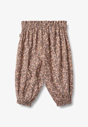 Bikses ar ziedu rakstu mīkstā audumā. Savākta jostasvieta un aproces rada balona siluetu. Krāsas ietver rozā, brūnu un krēmkrāsu.