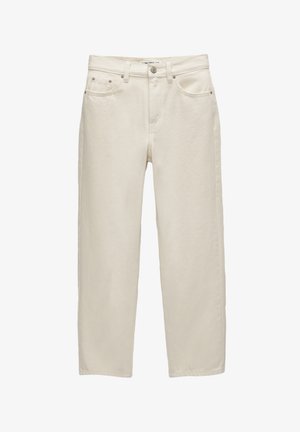 White denim jeans with a relaxed fit, featuring a straight leg, five-pocket design, and metal hardware with a subtle texture.