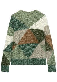 Sweter dziergany z geometrycznym wzorem w odcieniach zieleni, brązu i kremu. Żebrowany dekolt i mankiety podkreślają teksturę i dopasowanie.