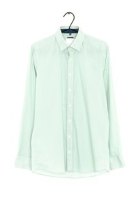 Camicia button-up verde chiaro con colletto, maniche lunghe e una texture a motivo sottile. Presenta bottoni bianchi e un'asola per appenderla.
