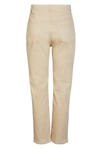 Pantalones de algodón beige con un diseño de pierna recta, que cuentan con dos bolsillos traseros y un detalle de costura minimalista. Textura suave con un ajuste clásico.