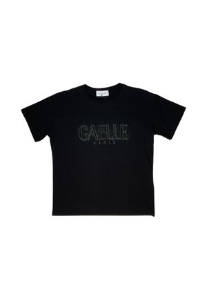 T-shirt nera a maniche corte con logo "GAELLE PARIS" in piccoli borchiette lucide sul petto.