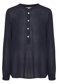 Blouse transparente bleu marine à manches longues avec un col rond et cinq boutons blancs sur la patte de boutonnage avant.