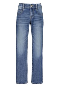 Ljusblå denim jeans med rak passform, fem fickor och subtila blekningar. Har en knappstängning och sömnadsdetaljer.