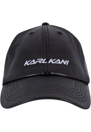Black baseball cap made of synthetic leather, featuring white "KARL KANI" lettering on the front, with stitched detailing and a curved brim.