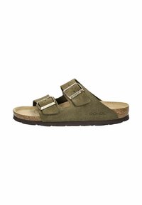 Sandalo verde in suede con due cinturini regolabili, fibbie argentate, soletta in sughero e suola in gomma nera. Contrassegnato con il marchio "ROHDE".