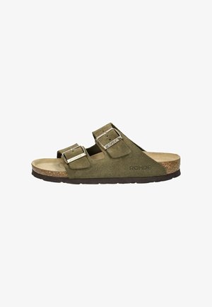 Green suede sandal with two adjustable straps, silver buckles, cork footbed, and a black rubber sole. Marked with "ROHDE" branding.