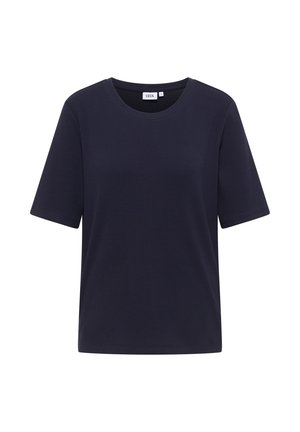 T-shirt bleu marine à manches courtes en coton. Présente un col rond et un design simple, avec une coupe décontractée et sans accents supplémentaires.