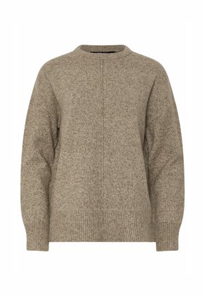 Maglione beige a maglia con scollatura rotonda, spalle scese, polsini a costine e una finitura texturizzata. Presenta un dettaglio con cucitura centrale sulla parte anteriore.