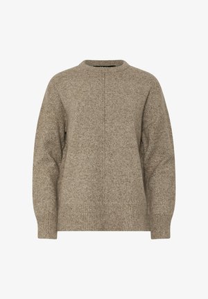 Beige gebreide trui met een ronde halslijn, verlaagde schouders, geribbelde manchetten en een textuurachtig afwerking. Bevat een centrale naaddetail aan de voorkant.