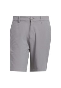 Pantaloni corti grigi realizzati in tessuto liscio con vestibilità regolare, dotati di chiusura frontale con bottone e tasche con cuciture pulite e senza motivi.