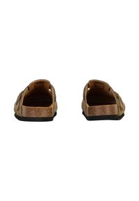 Sandales à glissière en bronze métallique avec un design à dos ouvert, surface texturée et semelle en caoutchouc noir, dotées de découpes latérales pour la ventilation.