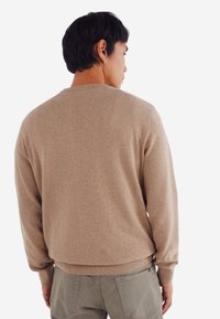Maglione beige lavorato a maglia con colletto rotondo, polsini e orlo a costine. Tessuto morbido e vestibilità leggermente ampia, mostrato dalla parte posteriore.