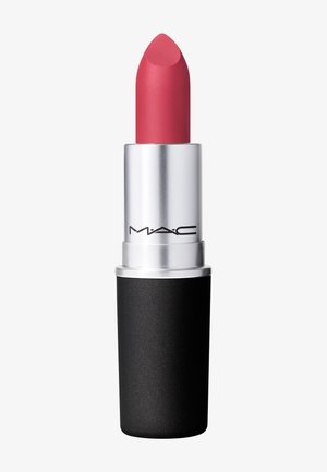 MAC Lippenstift in einer silbernen und schwarzen Tube, mit einer glatten, matten rosaroten Kante oben. Die Tube hat eine strukturierte schwarze Basis und ein Logo.