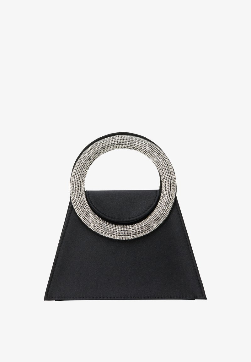 Mustakolmionmuotoinen käsilaukku, jossa on teksturoitu pinta, pyöreä strassikoristeinen kahva ja tyylikäs siluetti.