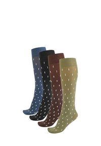 Four pairs of knee-high socks in blue, black, brown, and green. Each features a dotted white pattern and a smooth texture.