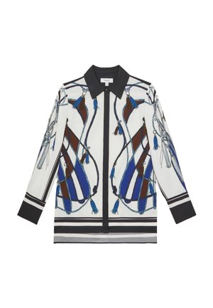 Langärmelige weiße Bluse mit schwarzem Kragen und Manschetten, mit blau-braunem Seil- und Quastenmuster und schwarzen und grauen horizontalen Streifen am Saum.