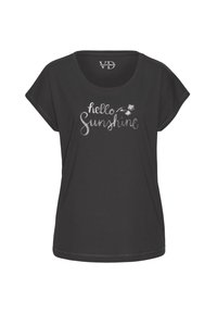 Zwarte katoen t-shirt met een ronde hals en korte mouwen, voorzien van zilveren "hello Sunshine" tekst en florale grafische details.