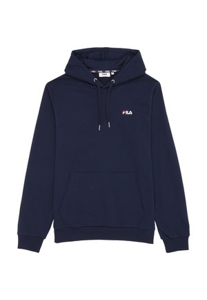 Granatowa bluza z kapturem FILA z kieszenią z przodu, regulowanym sznurkiem kaptura i małym logo FILA na piersi.