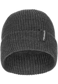 Gray ribbed knit beanie with a folded cuff and a black logo tag. The texture is soft and stretchy, suitable for warmth in cold weather.