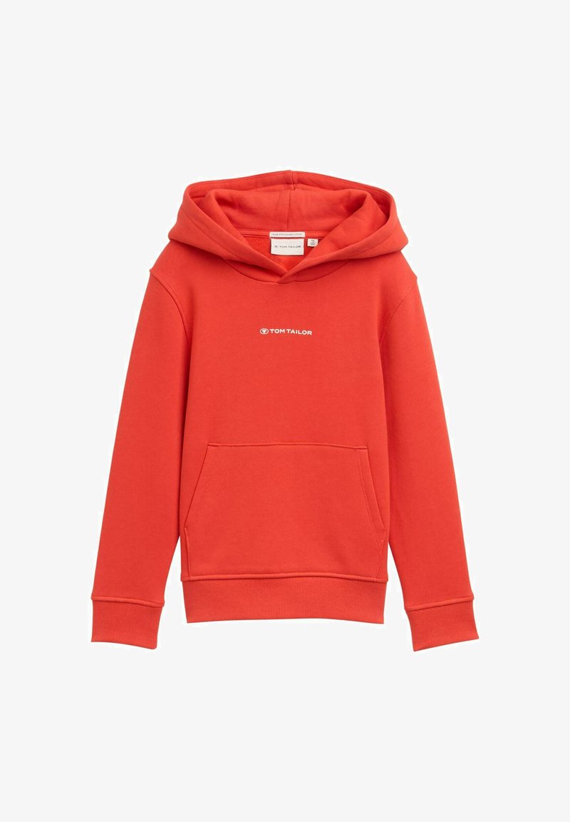 Felpa rossa in cotone con tasca a marsupio frontale, polsini e orlo ribattuti, dotata di un piccolo logo bianco sul petto. Design morbido e casual.