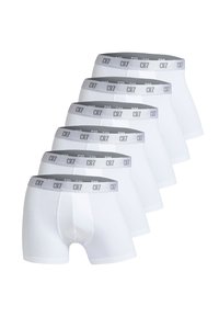 White cotton boxer briefs with a gray elastic waistband displaying "CR7" logo. Five pairs stacked, featuring a smooth, fitted design.