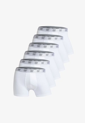 Weiße Baumwoll-Boxershorts mit einem grauen elastischen Bund, der das "CR7"-Logo zeigt. Fünf Paare gestapelt, mit einem glatten, eng anliegenden Design.