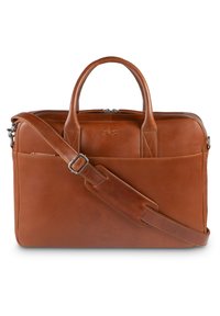 Braune Leder-Laptoptasche mit doppelten Griffen und verstellbarem Schultergurt. Verfügt über einen Reißverschluss und eine Fronttasche für zusätzlichen Stauraum.