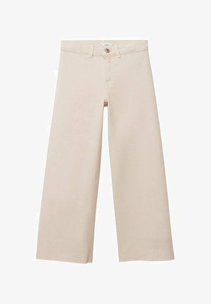 Pantaloni beige a gamba larga realizzati in morbido tessuto di cotone, dotati di una vita standard, cerniera anteriore e dettagli di cucitura minimi.