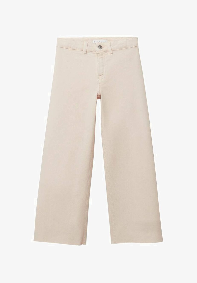 Bež hlače širokih nogavica izrađene od mekog pamučnog materijala, sa standardnim pojasom, prednjim patentnim zatvaračem i minimalnim detaljima šivanja.