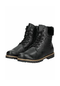 Botas de cuero negras hasta el tobillo con un suave cuello forrado de piel, puntera redonda, cordones en la parte delantera y suela de goma resistente para una mejor tracción.
